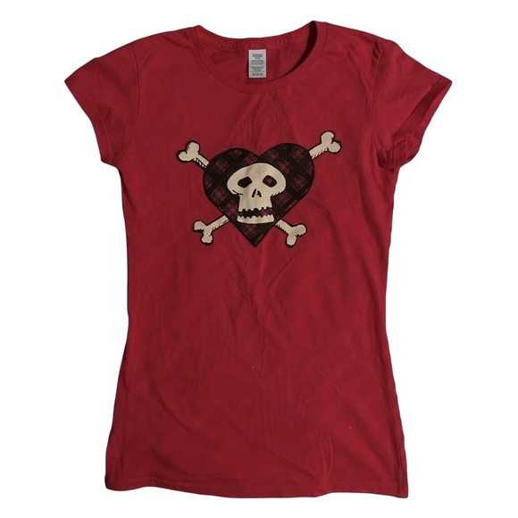 The Unbranded Brand Tops - Red Skull Crossbones Plaid Heart Graphic Tee Short Sleeve Punk Rock Top
